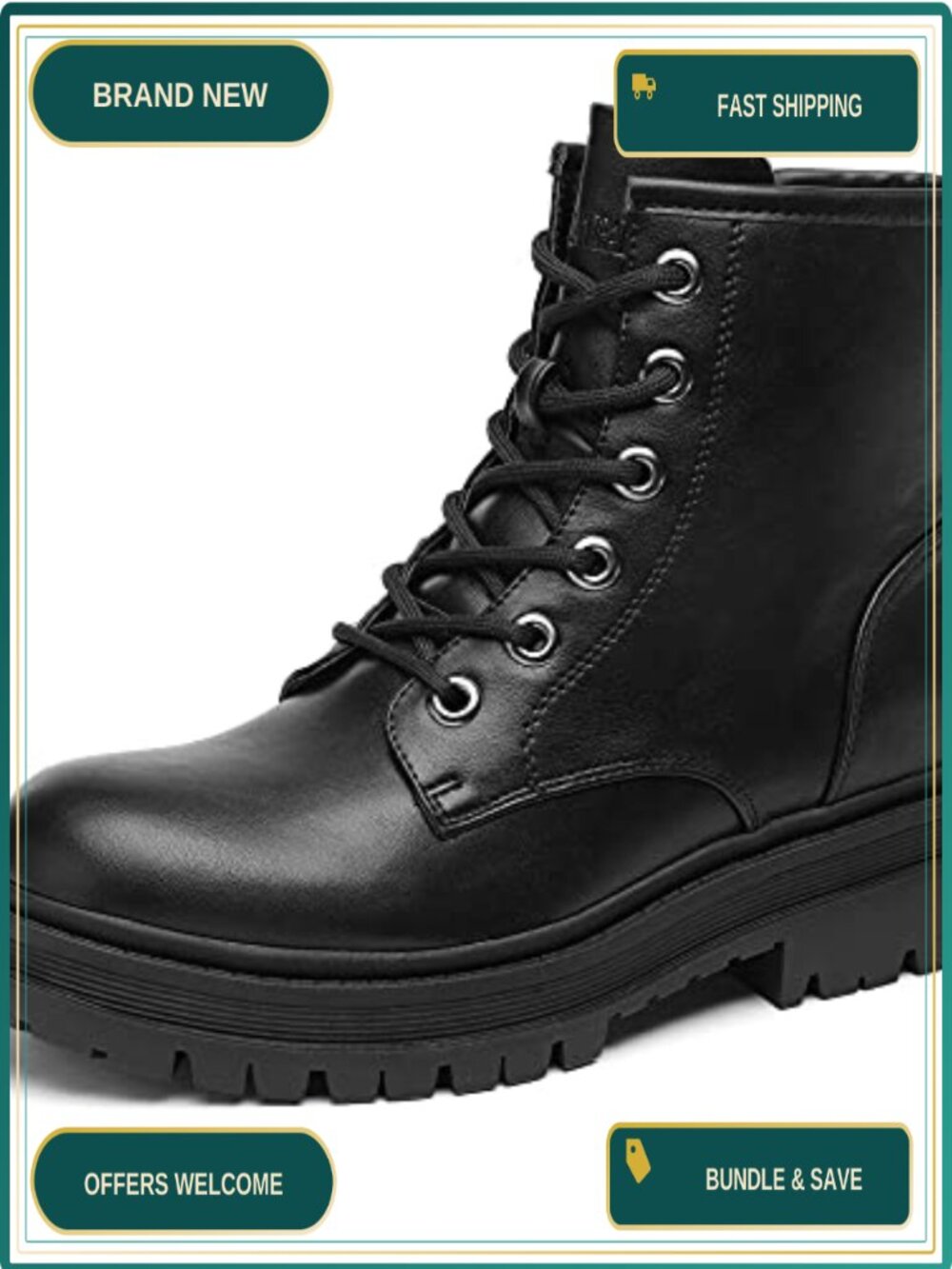 Women's Lace-Up Combat Ankle Boots Faux Leather Side Zipper Anti-Slip